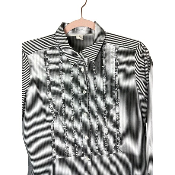 J.Crew Women’s Blue Striped Preppy Tuxedo Ruffle Front Button Down Shirt Blouse - Picture 4 of 10